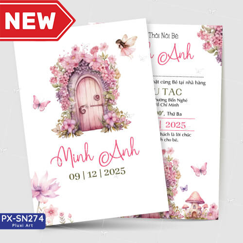 Thiệp Sinh Nhật - Thiệp Thôi Nôi bé gái chủ đề lâu đài